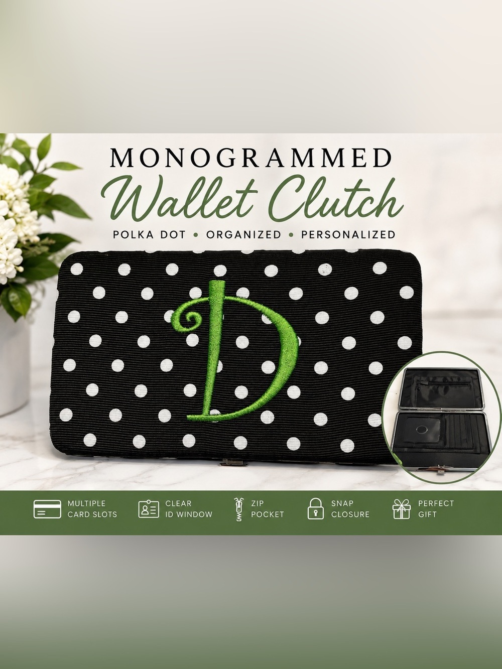 Monogram Wallet Clutch Organizer Black White Polka Dot "D" Large